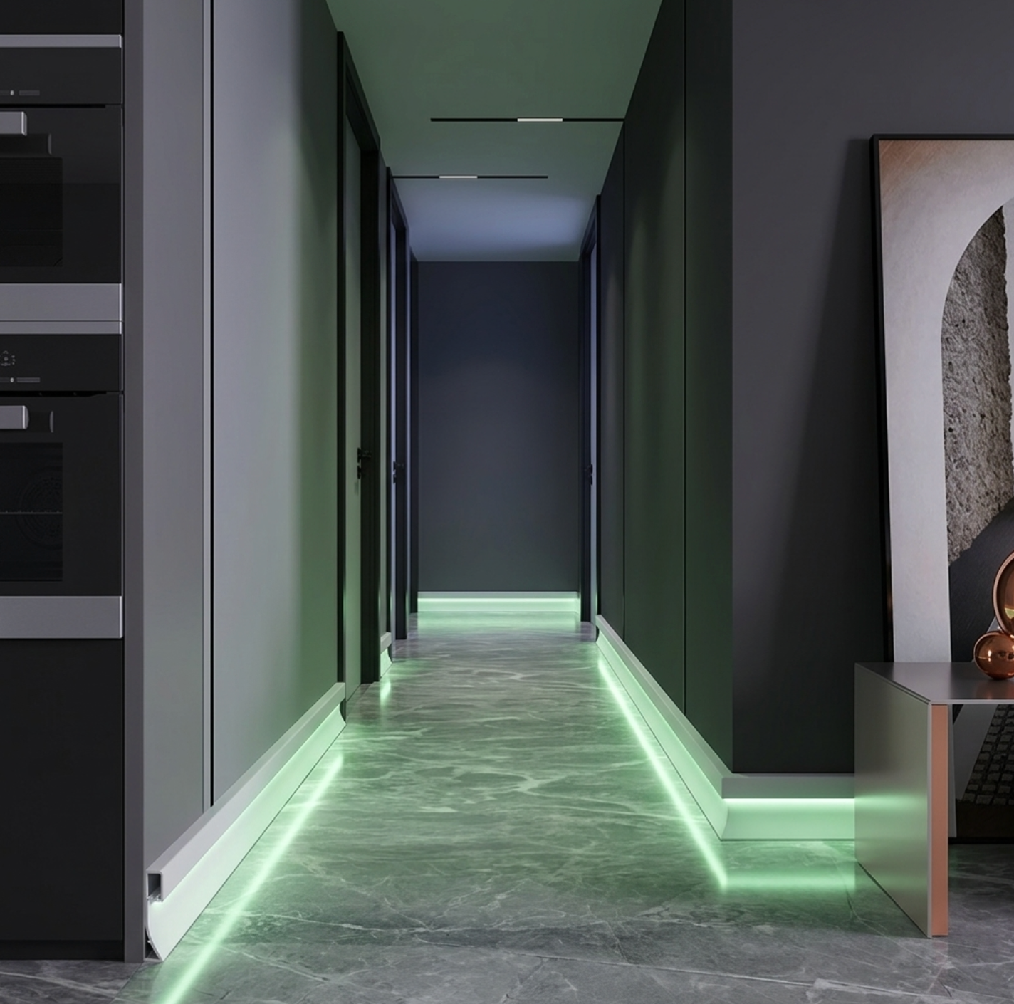 Modern White LED Baseboard Molding Installed in Contemporary Interior