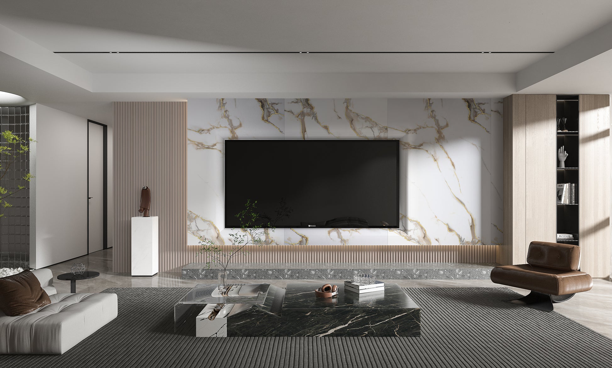 Luxury living room TV wall with white PVC marble panels featuring refined gold veining