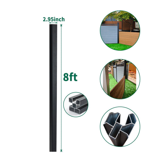 8 ft adjustable angle fence post with 2.95 inch width showing internal channels and composite fence installation examples