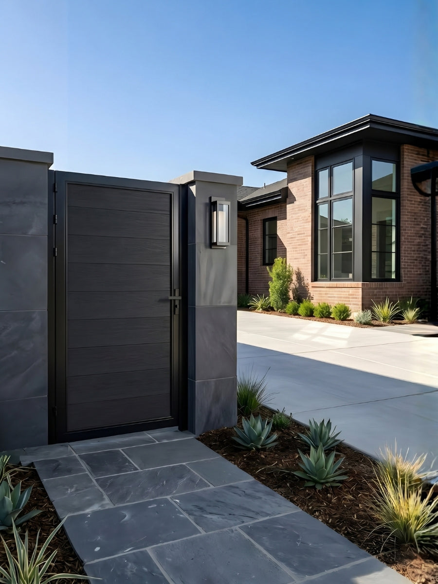 Modern black single fence gate made from WPC composite material
