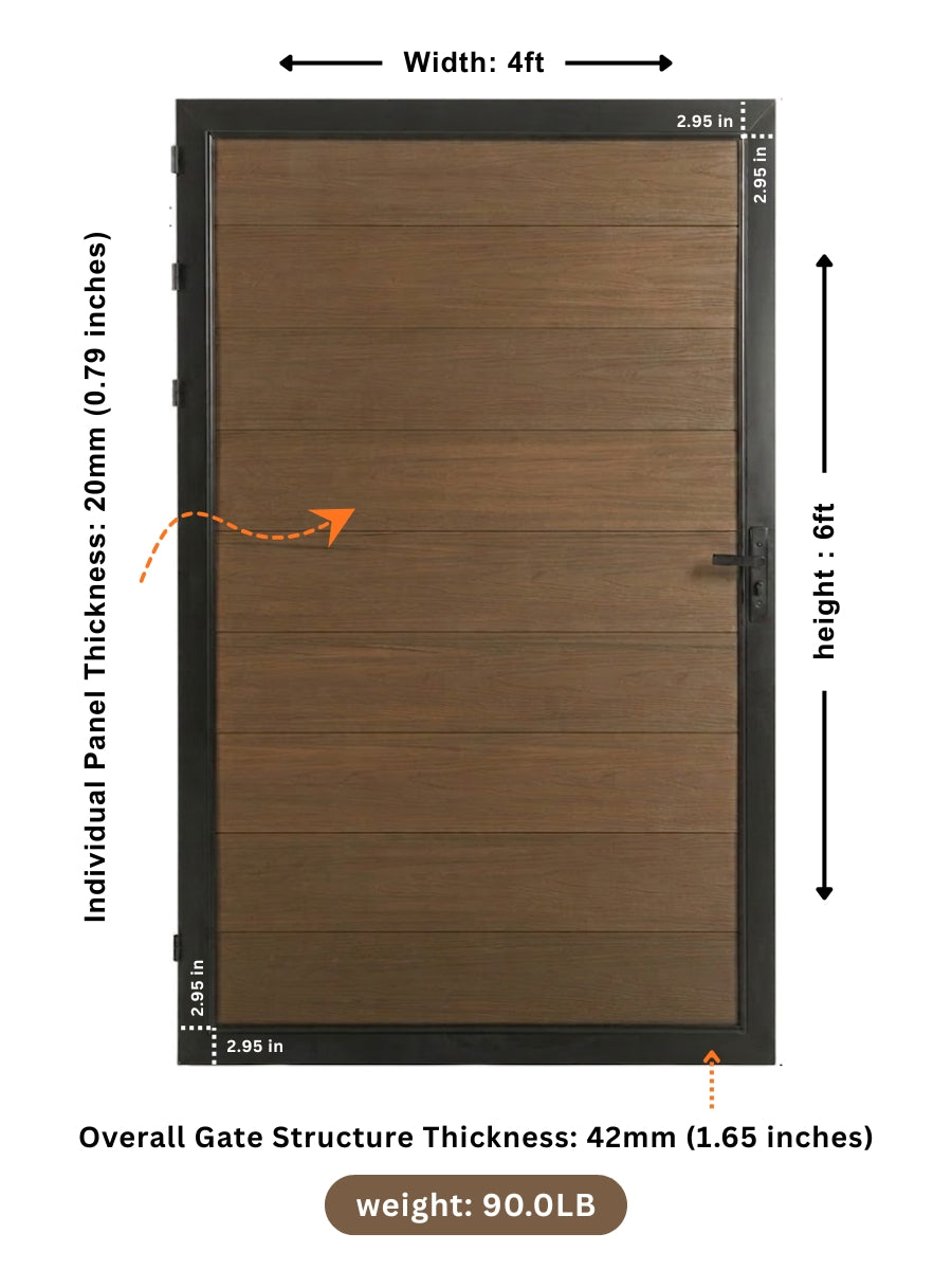 Walnut color WPC fence gate single panel 4x6 ft composite exterior gate